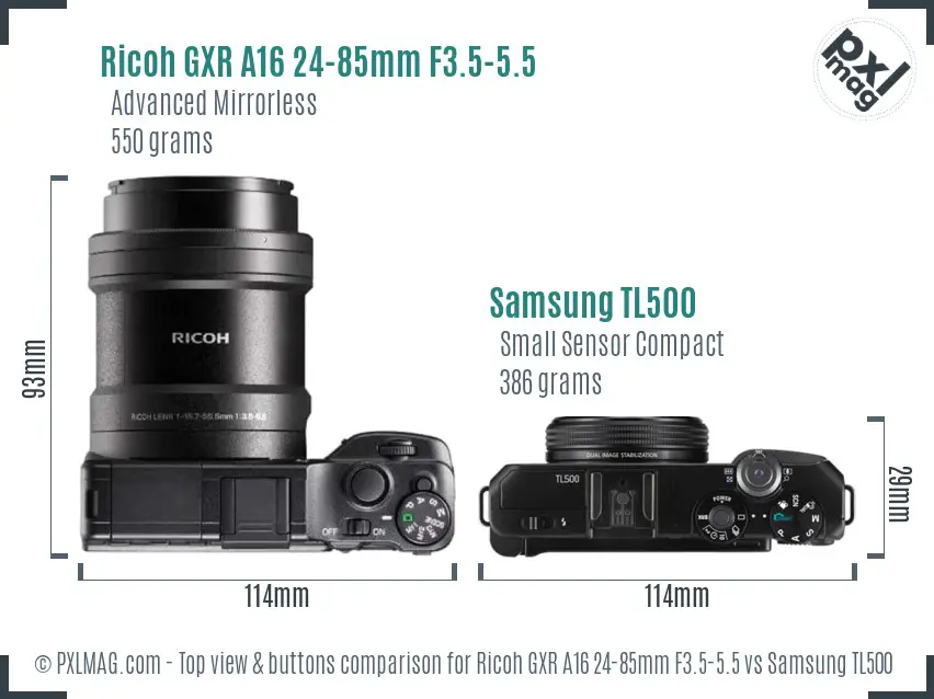 Ricoh GXR A16 24-85mm F3.5-5.5 vs Samsung TL500 top view buttons comparison