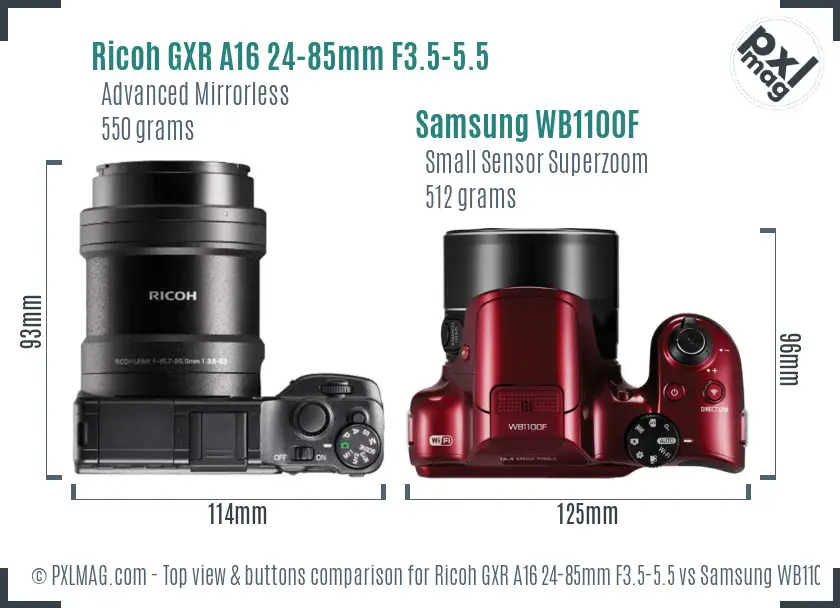 Ricoh GXR A16 24-85mm F3.5-5.5 vs Samsung WB1100F top view buttons comparison
