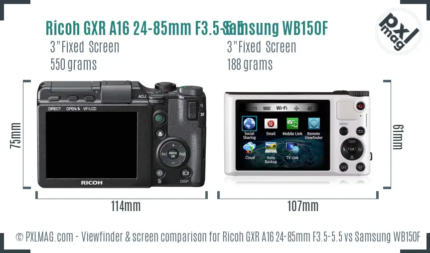 Ricoh GXR A16 24-85mm F3.5-5.5 vs Samsung WB150F Screen and Viewfinder comparison