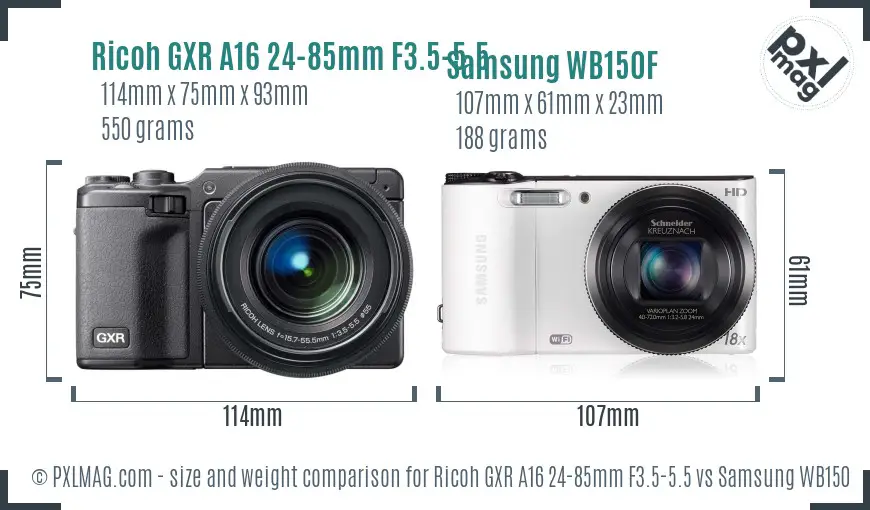 Ricoh GXR A16 24-85mm F3.5-5.5 vs Samsung WB150F size comparison
