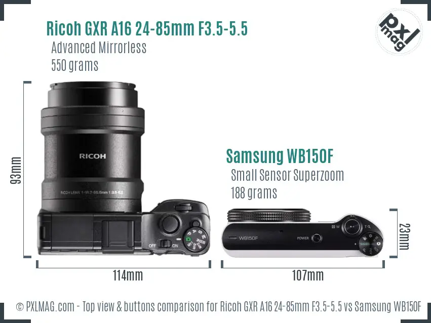 Ricoh GXR A16 24-85mm F3.5-5.5 vs Samsung WB150F top view buttons comparison
