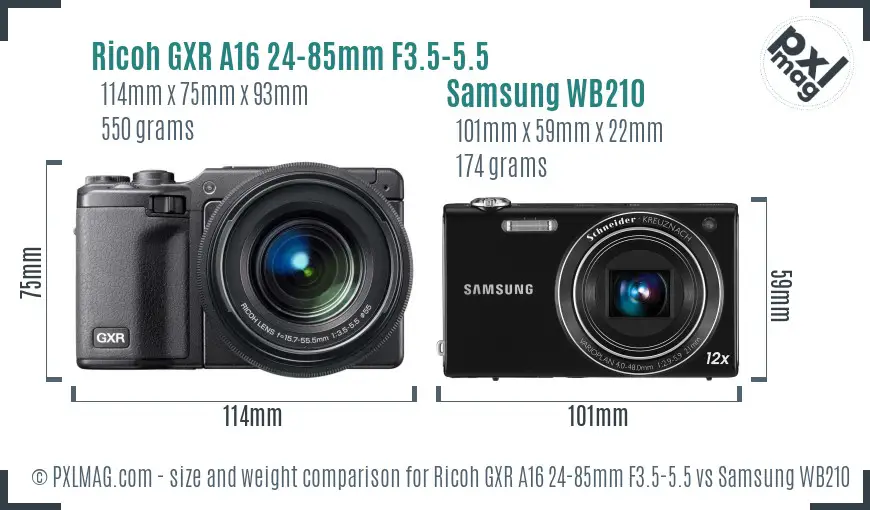 Ricoh GXR A16 24-85mm F3.5-5.5 vs Samsung WB210 size comparison
