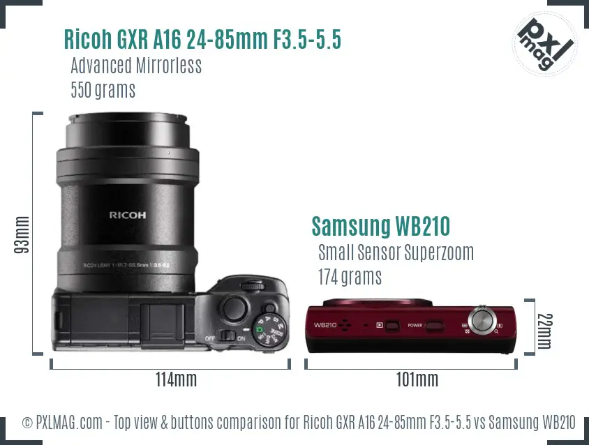 Ricoh GXR A16 24-85mm F3.5-5.5 vs Samsung WB210 top view buttons comparison