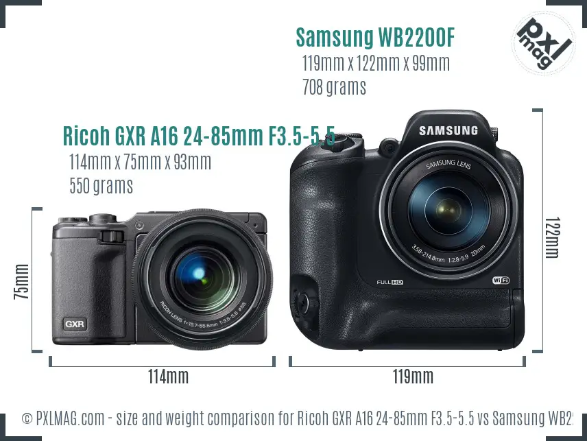 Ricoh GXR A16 24-85mm F3.5-5.5 vs Samsung WB2200F size comparison