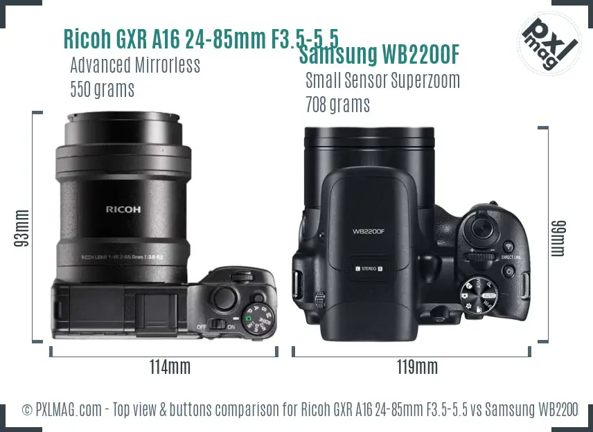 Ricoh GXR A16 24-85mm F3.5-5.5 vs Samsung WB2200F top view buttons comparison