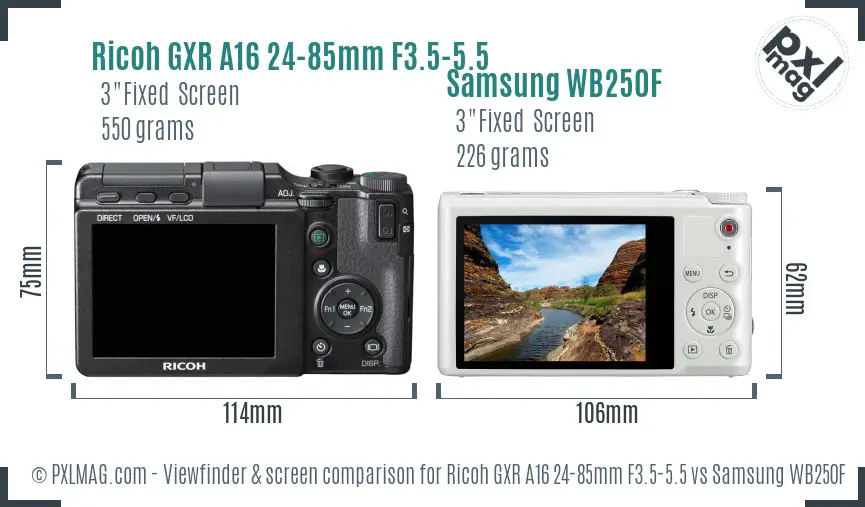 Ricoh GXR A16 24-85mm F3.5-5.5 vs Samsung WB250F Screen and Viewfinder comparison