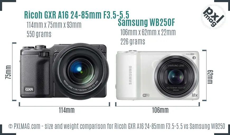 Ricoh GXR A16 24-85mm F3.5-5.5 vs Samsung WB250F size comparison