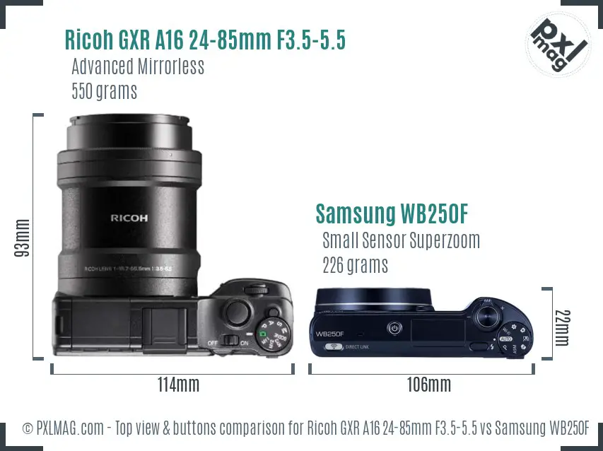 Ricoh GXR A16 24-85mm F3.5-5.5 vs Samsung WB250F top view buttons comparison