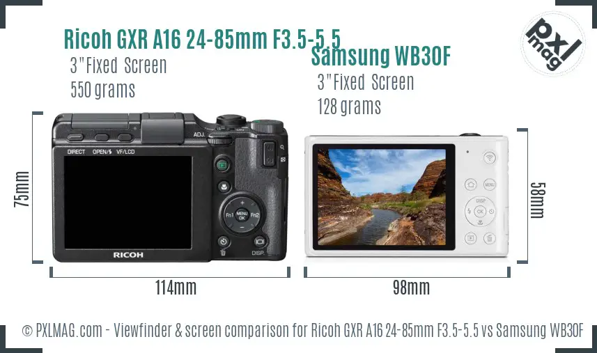 Ricoh GXR A16 24-85mm F3.5-5.5 vs Samsung WB30F Screen and Viewfinder comparison