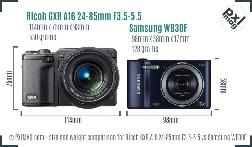 Ricoh GXR A16 24-85mm F3.5-5.5 vs Samsung WB30F size comparison