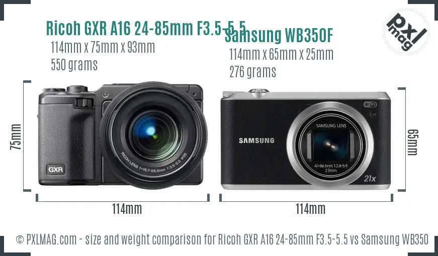 Ricoh GXR A16 24-85mm F3.5-5.5 vs Samsung WB350F size comparison
