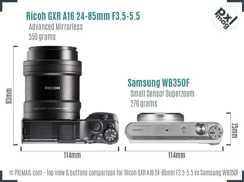 Ricoh GXR A16 24-85mm F3.5-5.5 vs Samsung WB350F top view buttons comparison