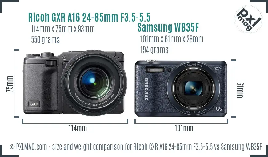 Ricoh GXR A16 24-85mm F3.5-5.5 vs Samsung WB35F size comparison