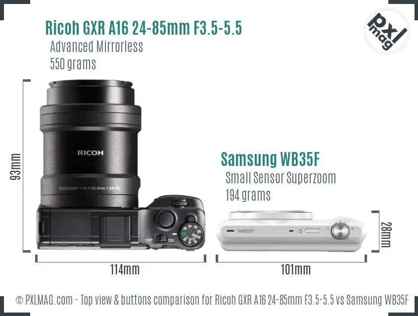 Ricoh GXR A16 24-85mm F3.5-5.5 vs Samsung WB35F top view buttons comparison