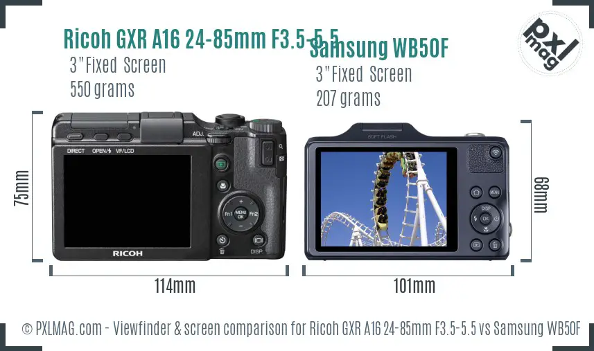 Ricoh GXR A16 24-85mm F3.5-5.5 vs Samsung WB50F Screen and Viewfinder comparison