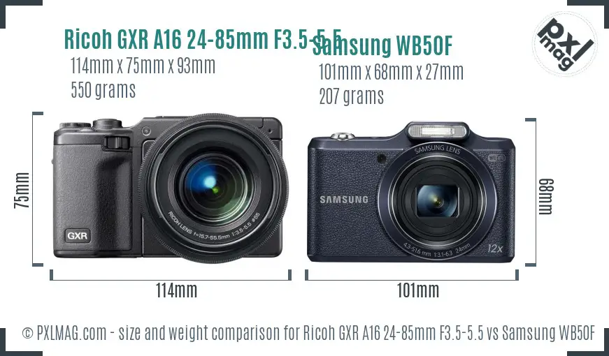 Ricoh GXR A16 24-85mm F3.5-5.5 vs Samsung WB50F size comparison