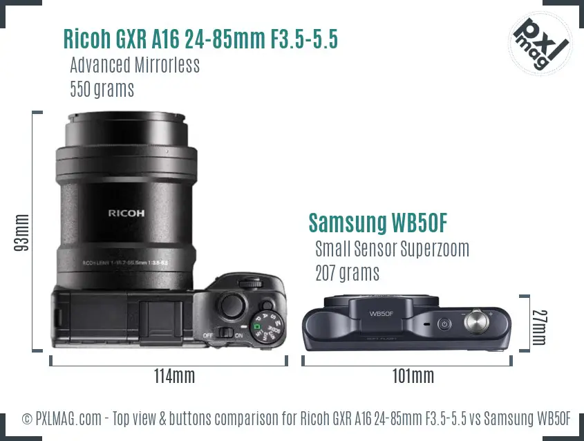 Ricoh GXR A16 24-85mm F3.5-5.5 vs Samsung WB50F top view buttons comparison