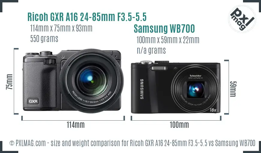 Ricoh GXR A16 24-85mm F3.5-5.5 vs Samsung WB700 size comparison