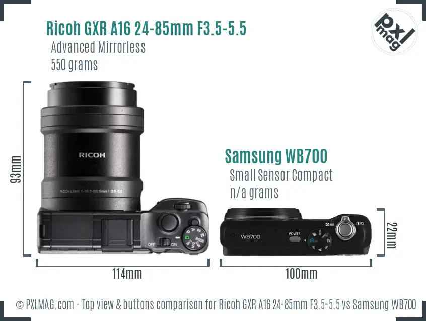 Ricoh GXR A16 24-85mm F3.5-5.5 vs Samsung WB700 top view buttons comparison