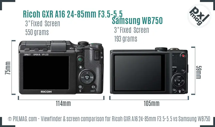 Ricoh GXR A16 24-85mm F3.5-5.5 vs Samsung WB750 Screen and Viewfinder comparison
