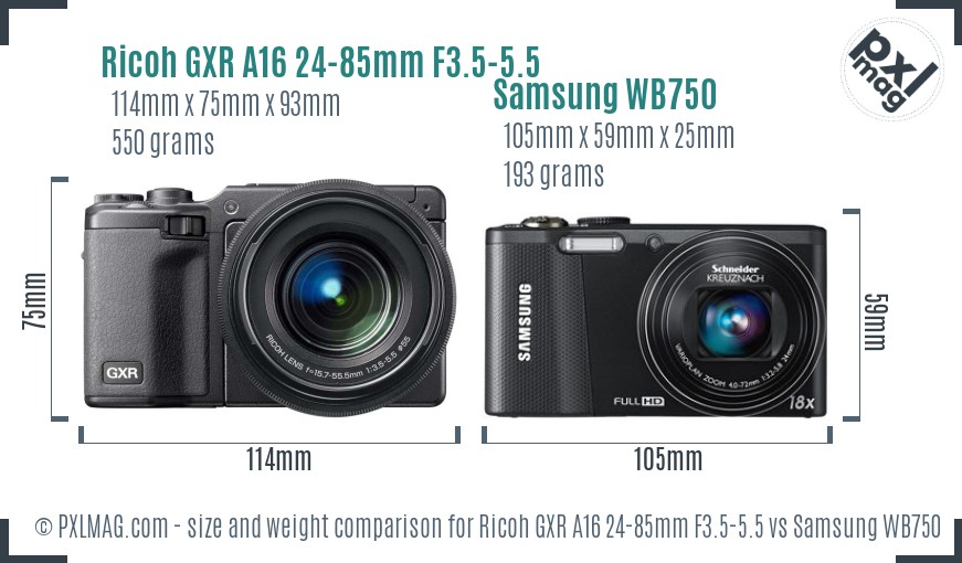 Ricoh GXR A16 24-85mm F3.5-5.5 vs Samsung WB750 size comparison