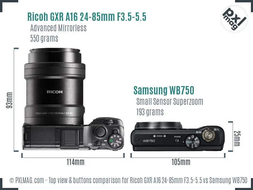 Ricoh GXR A16 24-85mm F3.5-5.5 vs Samsung WB750 top view buttons comparison