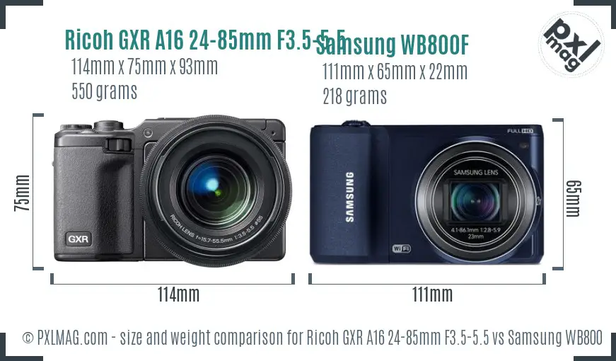 Ricoh GXR A16 24-85mm F3.5-5.5 vs Samsung WB800F size comparison