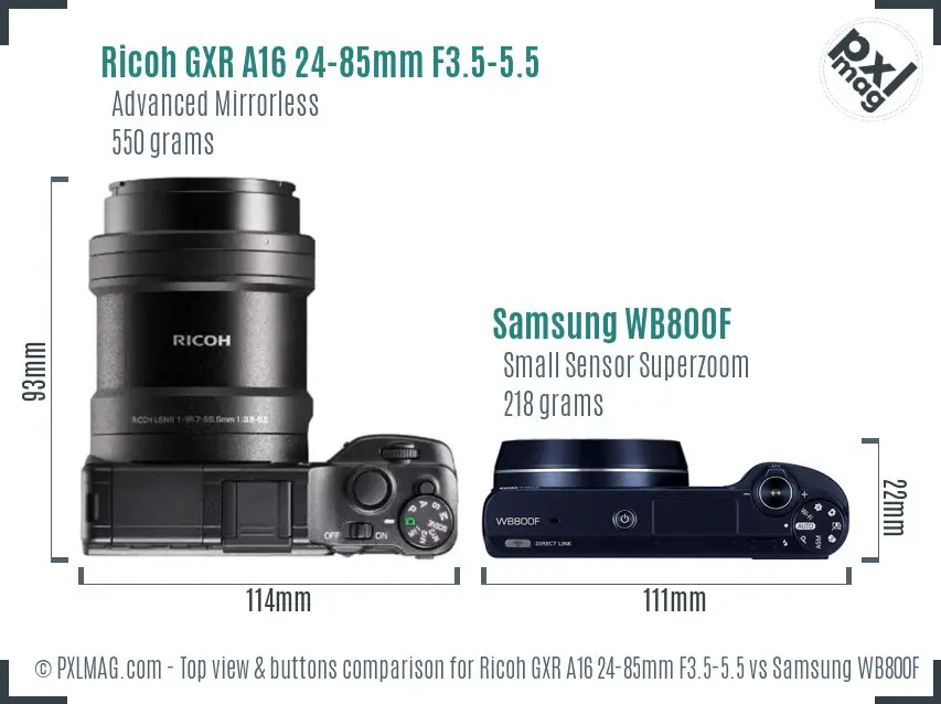 Ricoh GXR A16 24-85mm F3.5-5.5 vs Samsung WB800F top view buttons comparison