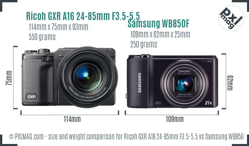 Ricoh GXR A16 24-85mm F3.5-5.5 vs Samsung WB850F size comparison