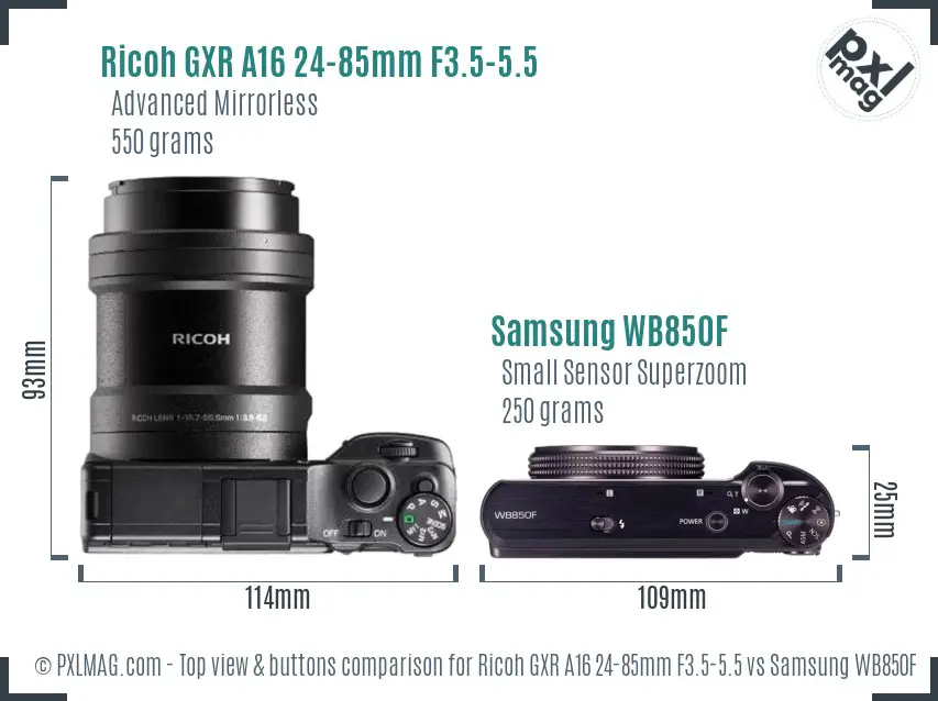 Ricoh GXR A16 24-85mm F3.5-5.5 vs Samsung WB850F top view buttons comparison