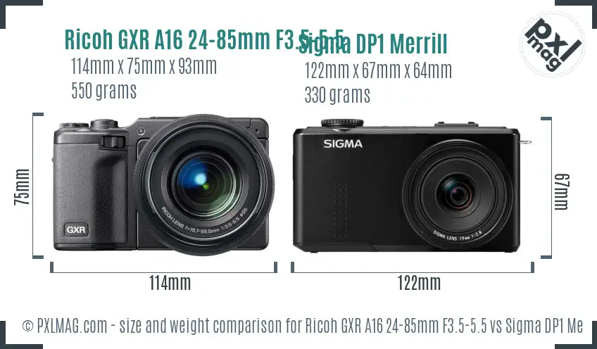Ricoh GXR A16 24-85mm F3.5-5.5 vs Sigma DP1 Merrill size comparison