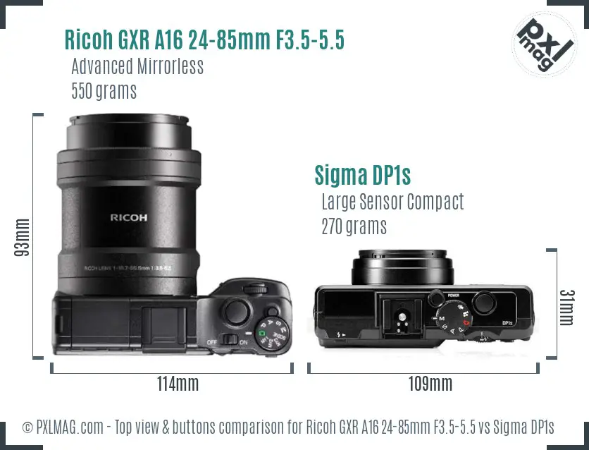 Ricoh GXR A16 24-85mm F3.5-5.5 vs Sigma DP1s top view buttons comparison