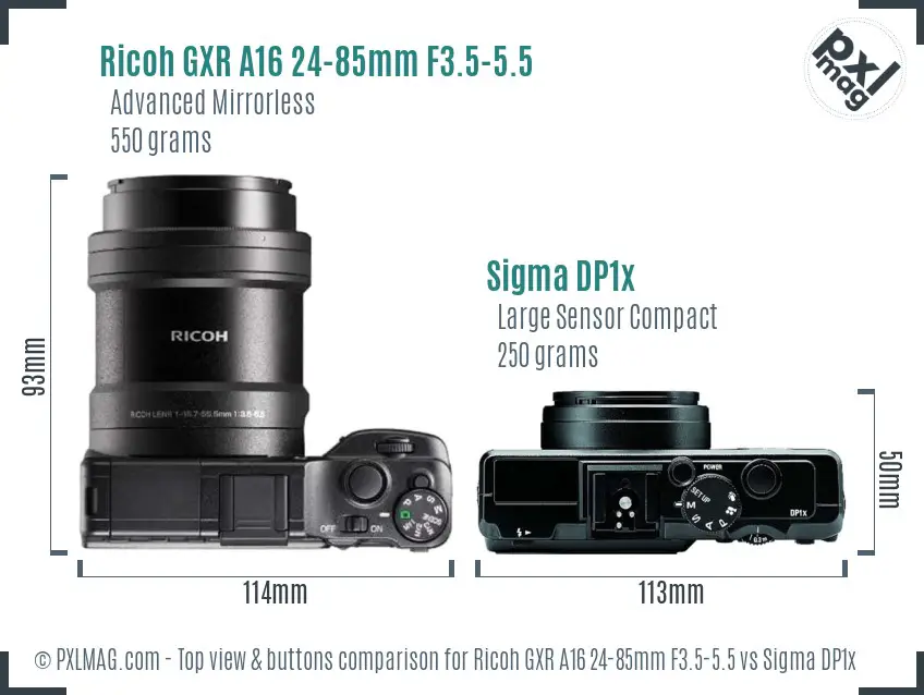 Ricoh GXR A16 24-85mm F3.5-5.5 vs Sigma DP1x top view buttons comparison