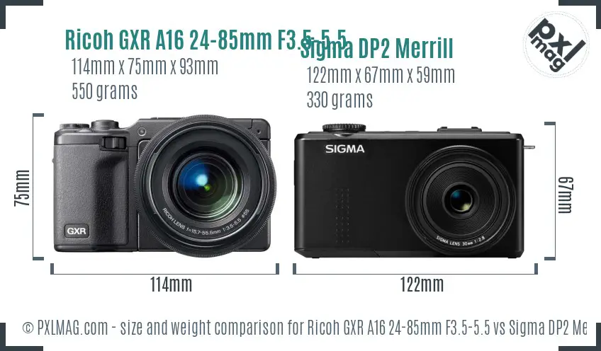 Ricoh GXR A16 24-85mm F3.5-5.5 vs Sigma DP2 Merrill size comparison