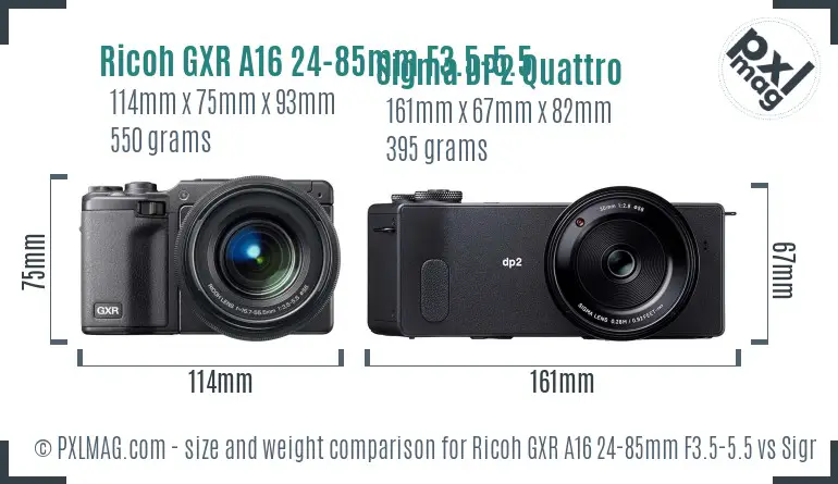Ricoh GXR A16 24-85mm F3.5-5.5 vs Sigma DP2 Quattro size comparison