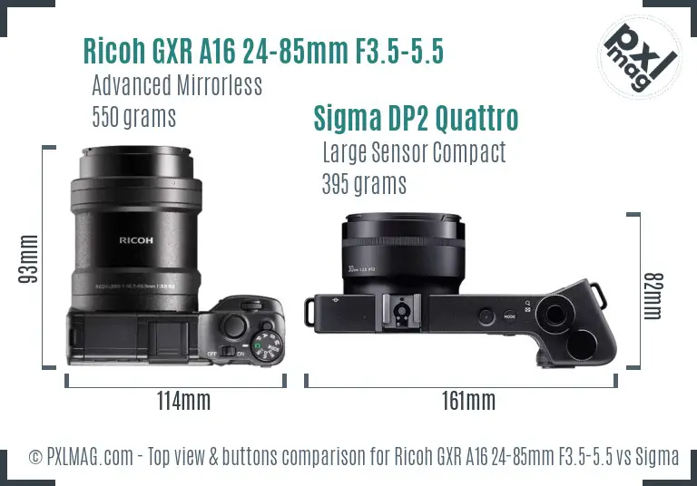 Ricoh GXR A16 24-85mm F3.5-5.5 vs Sigma DP2 Quattro top view buttons comparison