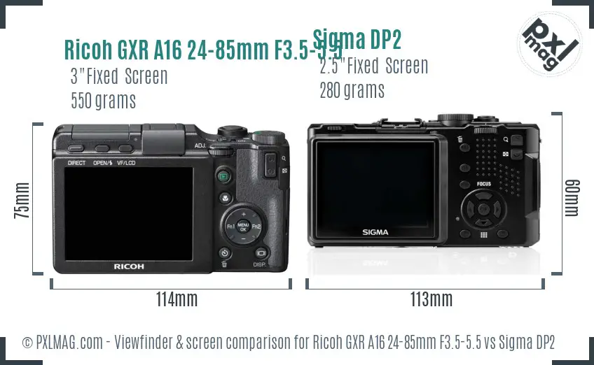Ricoh GXR A16 24-85mm F3.5-5.5 vs Sigma DP2 Screen and Viewfinder comparison