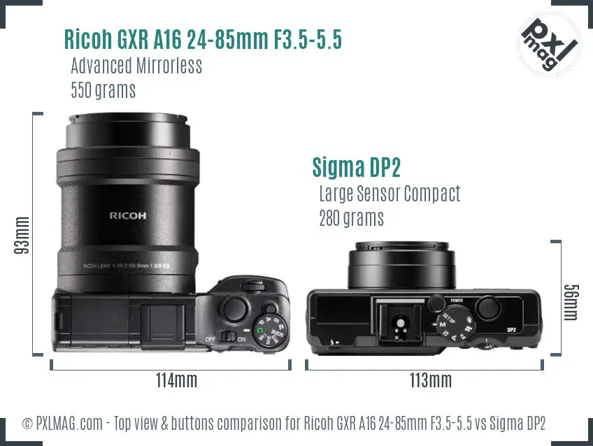 Ricoh GXR A16 24-85mm F3.5-5.5 vs Sigma DP2 top view buttons comparison