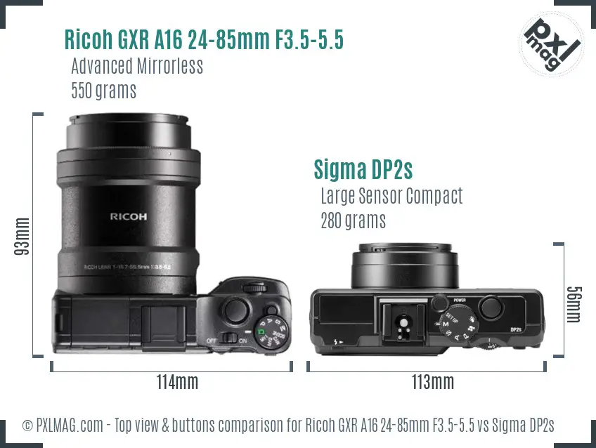 Ricoh GXR A16 24-85mm F3.5-5.5 vs Sigma DP2s top view buttons comparison