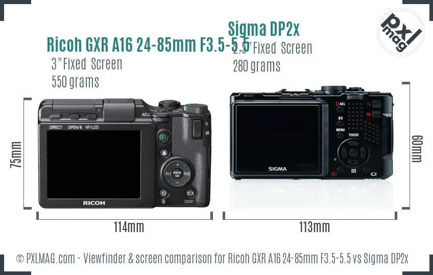 Ricoh GXR A16 24-85mm F3.5-5.5 vs Sigma DP2x Screen and Viewfinder comparison