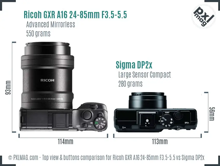 Ricoh GXR A16 24-85mm F3.5-5.5 vs Sigma DP2x top view buttons comparison