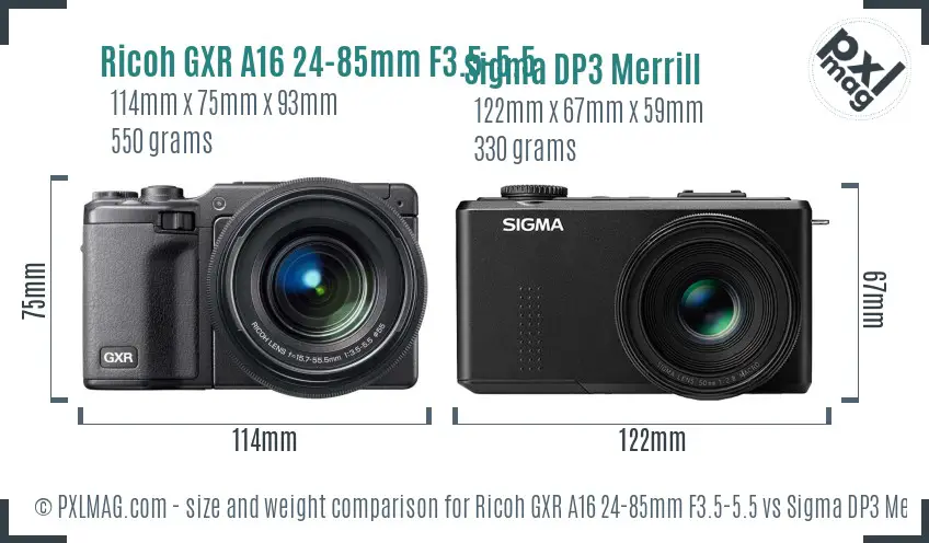 Ricoh GXR A16 24-85mm F3.5-5.5 vs Sigma DP3 Merrill size comparison