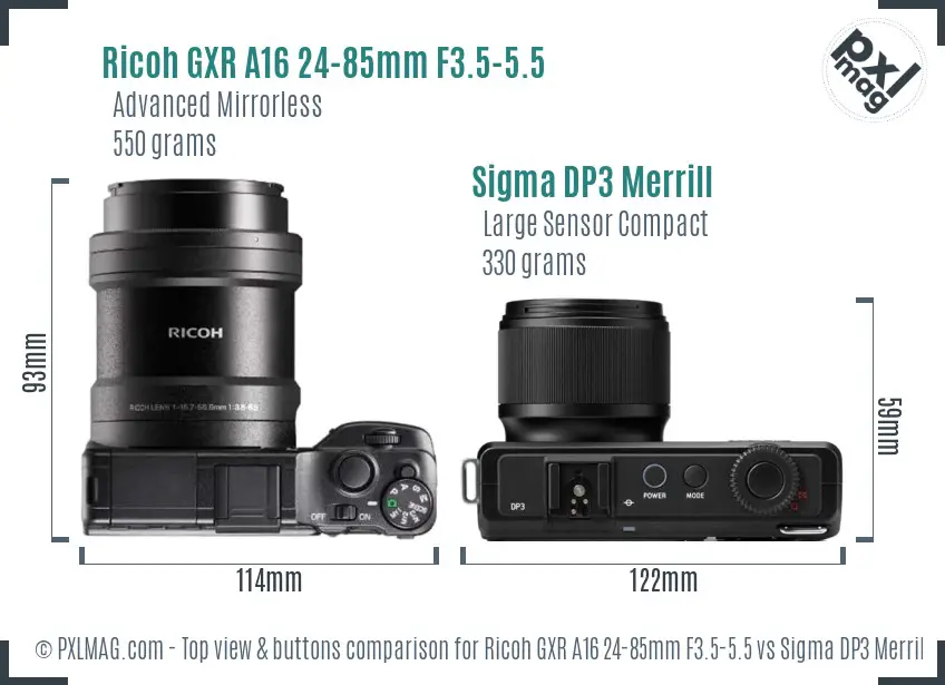 Ricoh GXR A16 24-85mm F3.5-5.5 vs Sigma DP3 Merrill top view buttons comparison