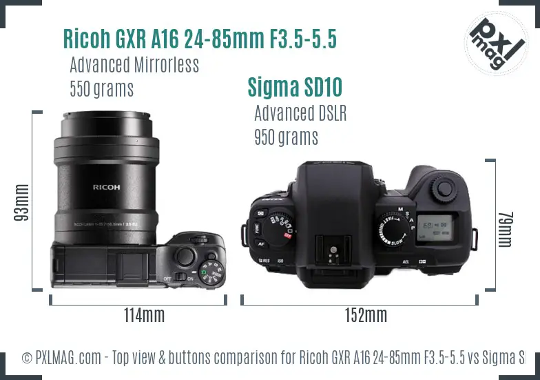 Ricoh GXR A16 24-85mm F3.5-5.5 vs Sigma SD10 top view buttons comparison