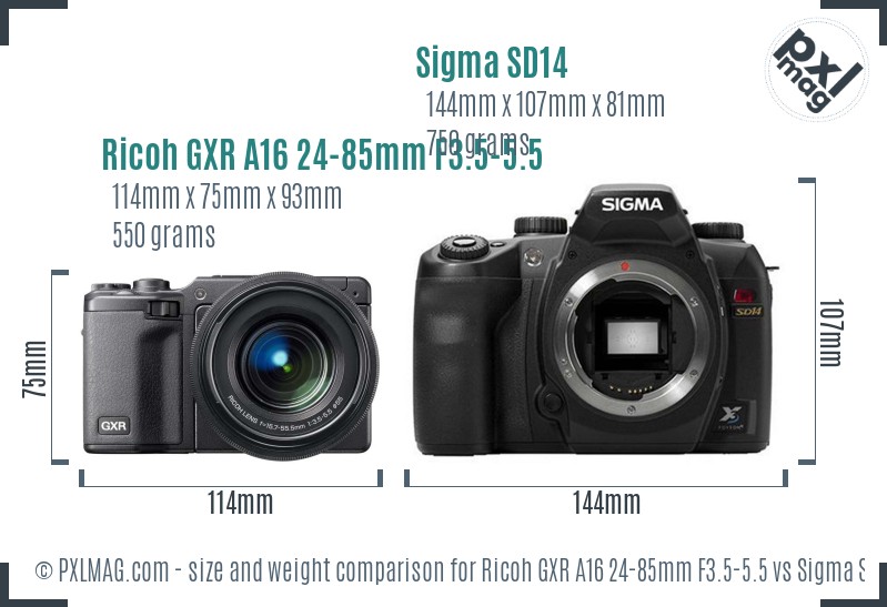 Ricoh GXR A16 24-85mm F3.5-5.5 vs Sigma SD14 size comparison