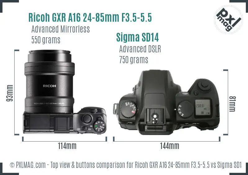Ricoh GXR A16 24-85mm F3.5-5.5 vs Sigma SD14 top view buttons comparison