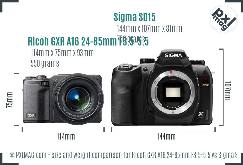 Ricoh GXR A16 24-85mm F3.5-5.5 vs Sigma SD15 size comparison