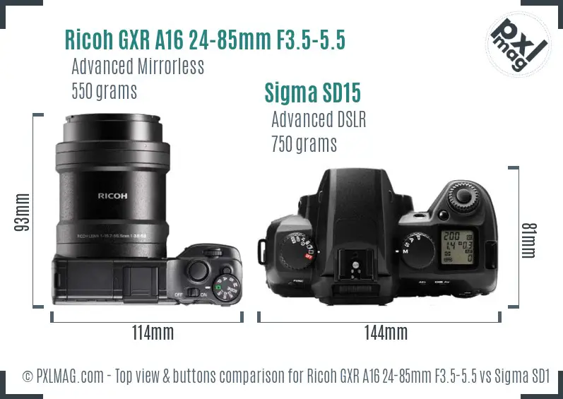 Ricoh GXR A16 24-85mm F3.5-5.5 vs Sigma SD15 top view buttons comparison