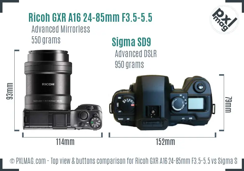 Ricoh GXR A16 24-85mm F3.5-5.5 vs Sigma SD9 top view buttons comparison