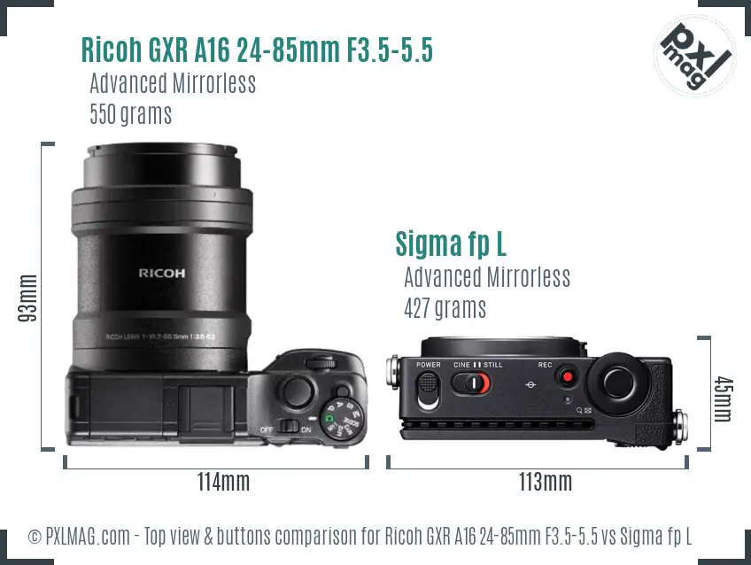 Ricoh GXR A16 24-85mm F3.5-5.5 vs Sigma fp L top view buttons comparison